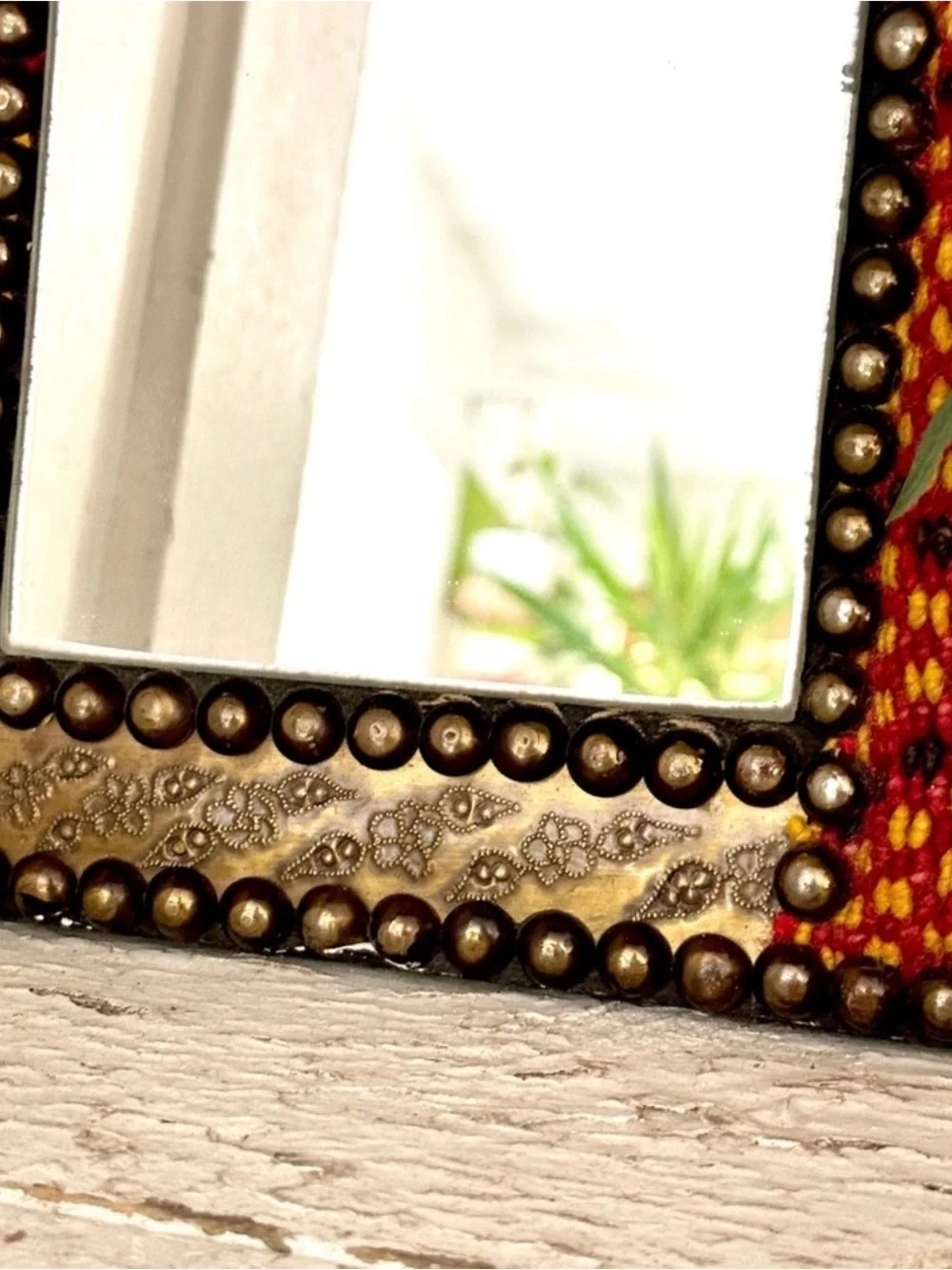 Egyptian Kilim Rug Mirror Studs Vibrant Colors With Carved Metal Red And Gold